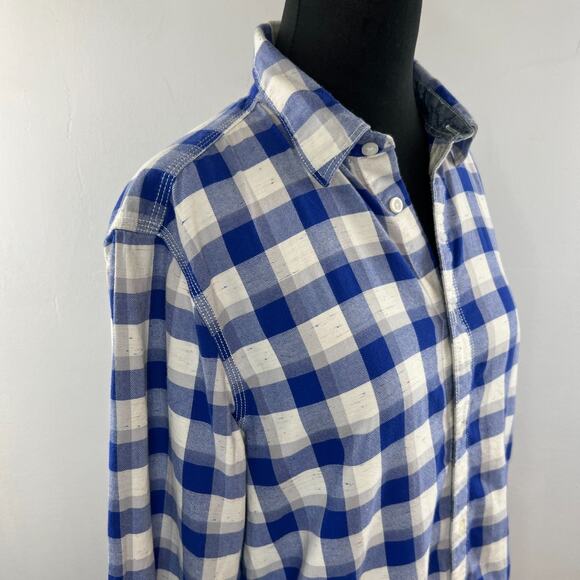 UNISEX Gap Shadow Blue Plaid Slim Fit Button Down Over Sized Shirt Top Medium M - Picture 4 of 9